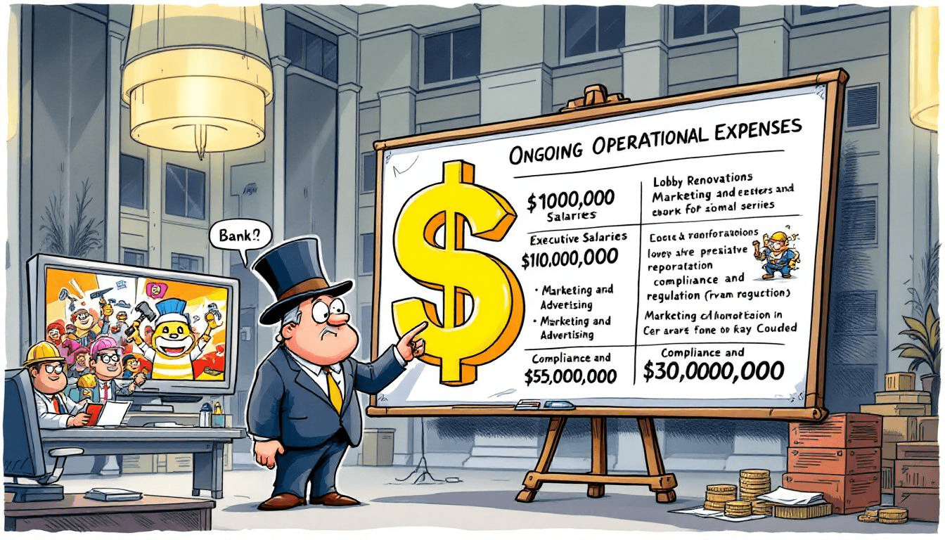 A breakdown of ongoing operational expenses related to running a bank, highlighting key costs.