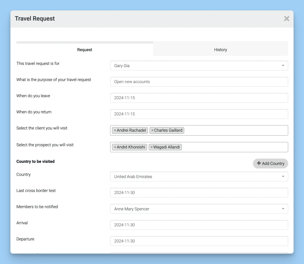 InvestGlass Travel Request tool