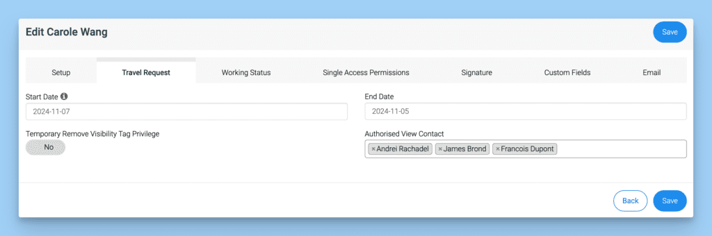 Control record visibility during the travel